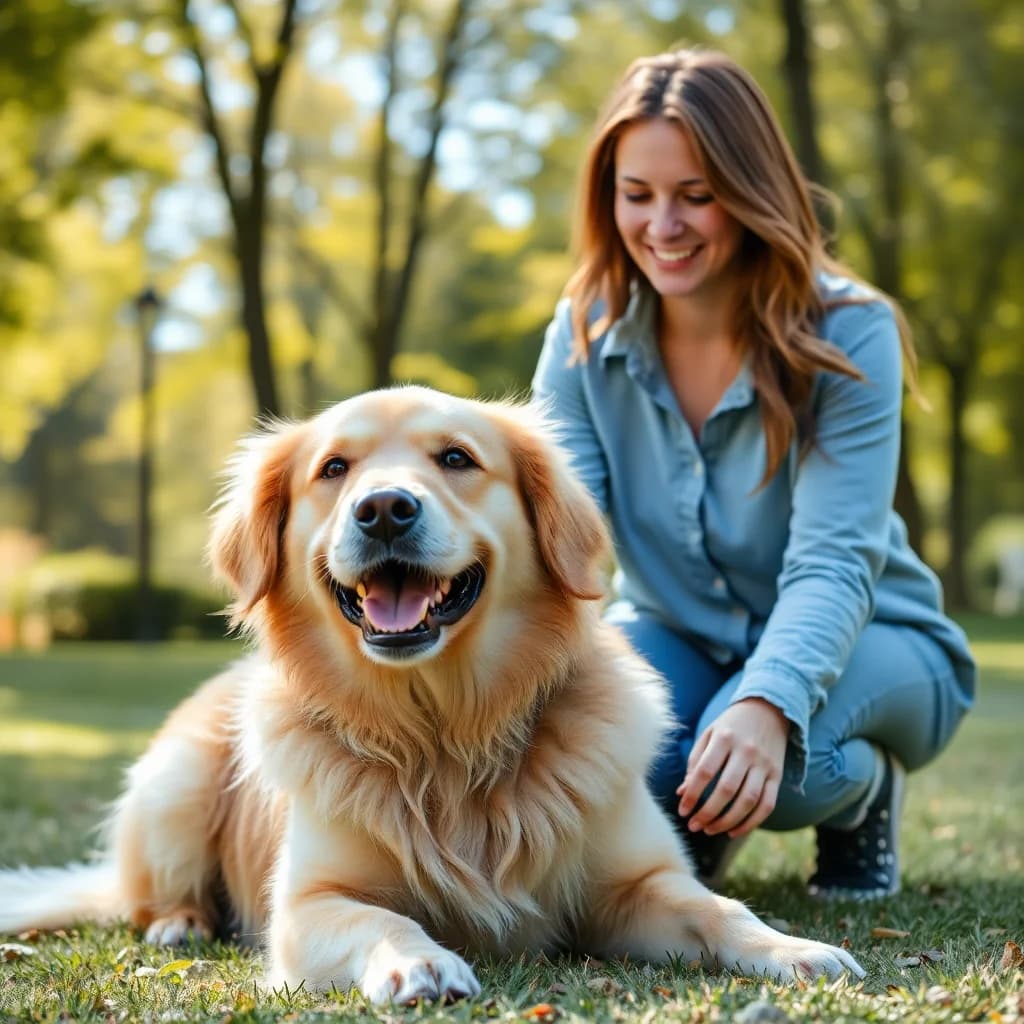 fröhlicher Golden Retriever spielt mit einer fürsorglichen Betreuung im sonnigen Park